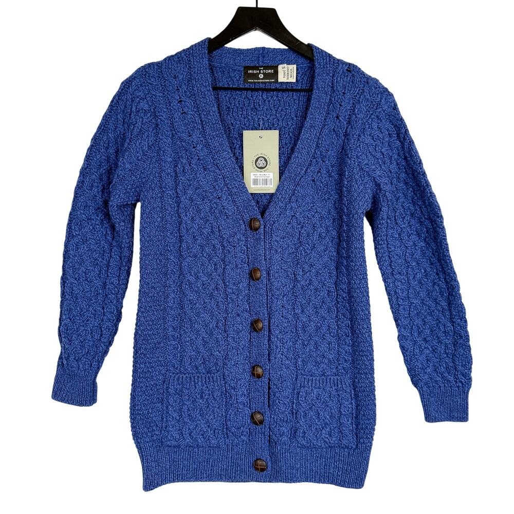 New The Irish Store Aran Boyfriend Cardigan Sweater Knit Merino Wool Blue - S